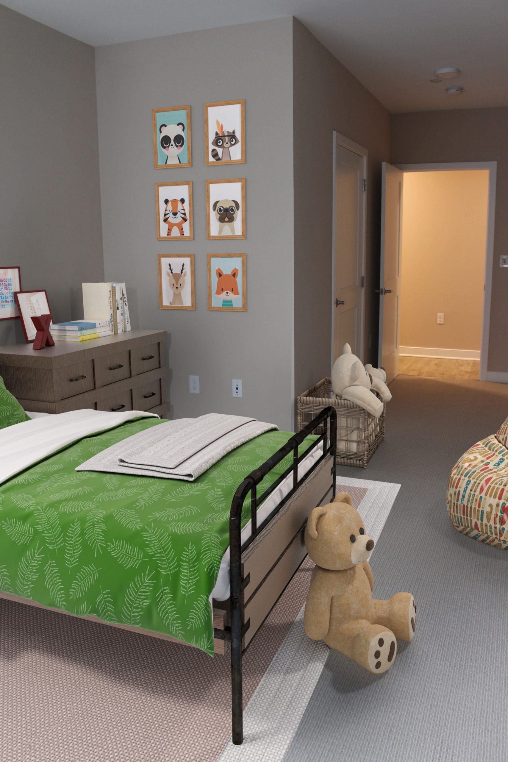A bed in a child's room with a teddy bear.